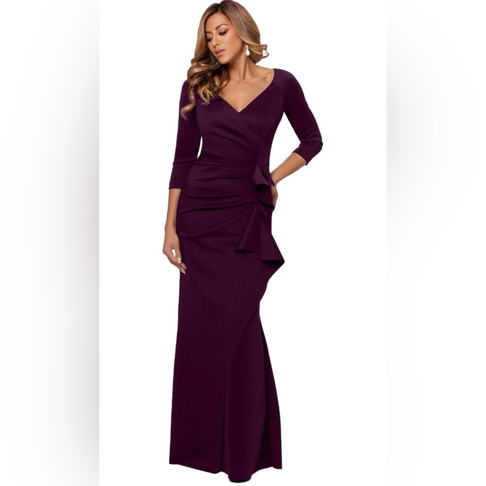 Xscape Women's Long 3/4 Sleeve V-Neck Side Ruched Gown - Picture 4 of 9